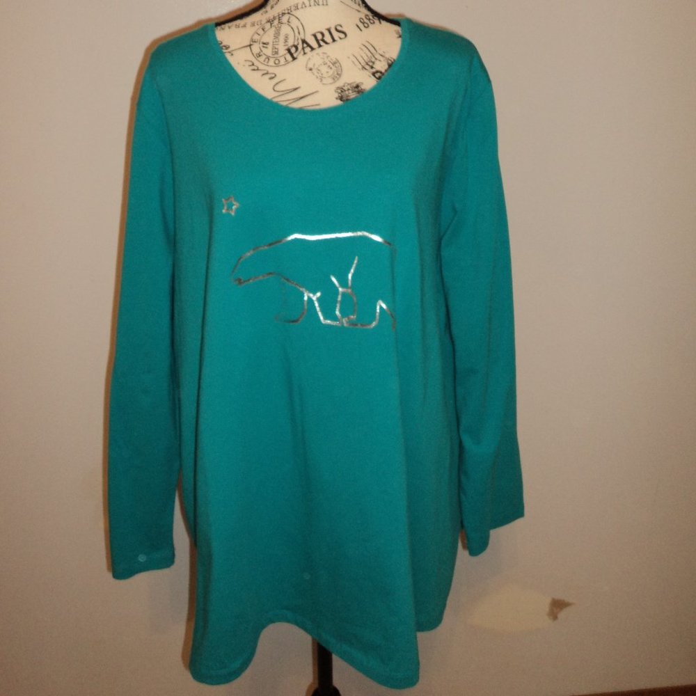 NWT Ulla Popken Women's Plus 24/26 Top Shirt Aqua Polar Bear Pull On Long Sleeve